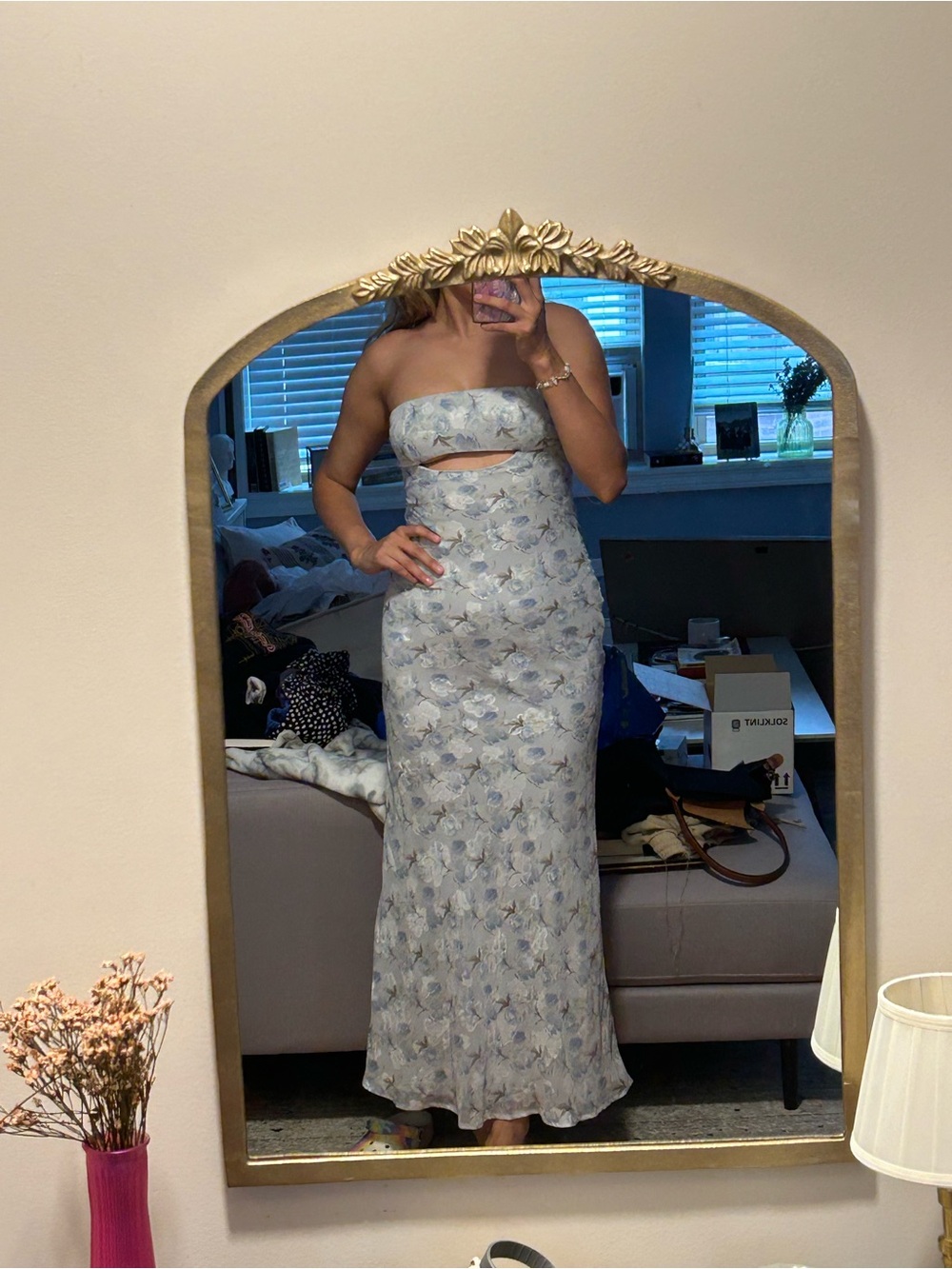 NWT Strapless Blue Floral Cutout Dress